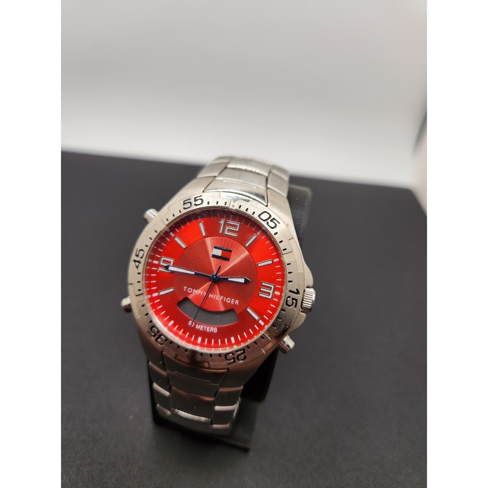 Tommy Hilfiger Mens Watch F90211 Red Dial Stainless Steel Digital Analog 50M